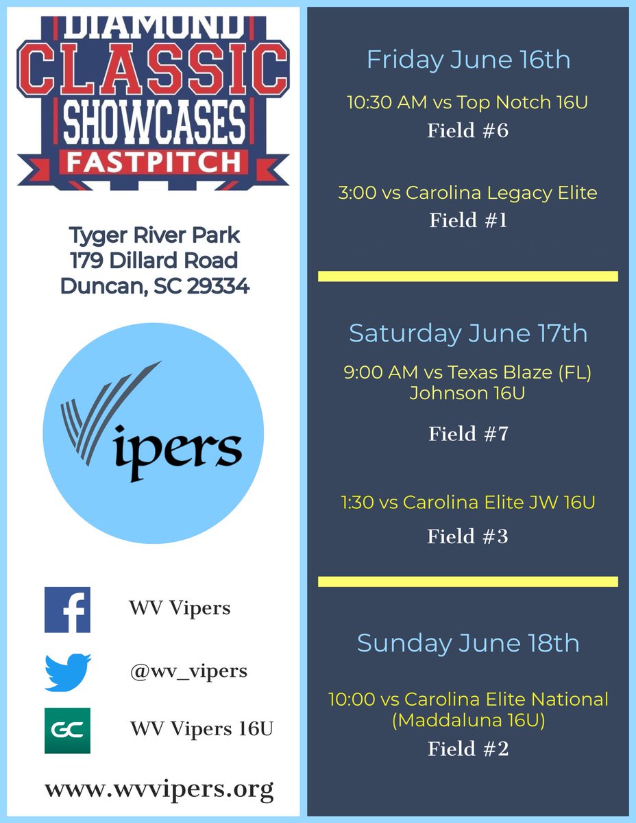 wv_vipers's tweet photo. The Vipers are playing in the Diamond Classic Summer Showcase this upcoming weekend in Spartanburg, SC! @SydTurn2 @SophiaFrye2025 @Caraline_02 @Katelynjill06 @CrumDani @bellasorbilli @lvarney21 @APatel2024 @kennedyanndavis https://t.co/0LZVzO92kW