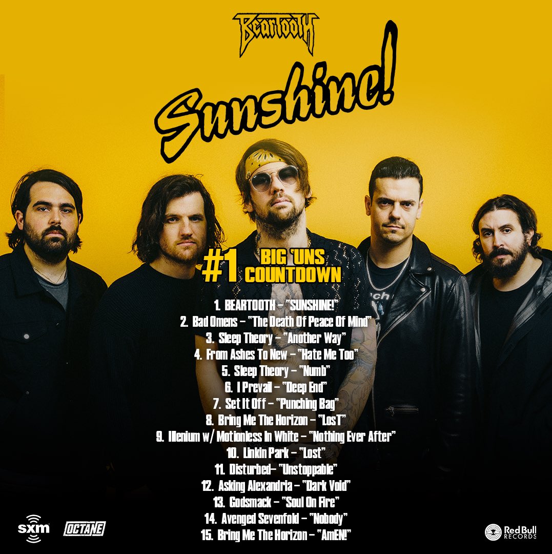 BEARTOOTHband's tweet photo. SUNSHINE! IS #1 ON SIRIUS-XM’S OCTANE BIG UNS COUNTDOWN!! Thank you all so much for the support on the tune, it means more than you’ll ever know! @SXMOctane https://t.co/0kv0W60YBZ