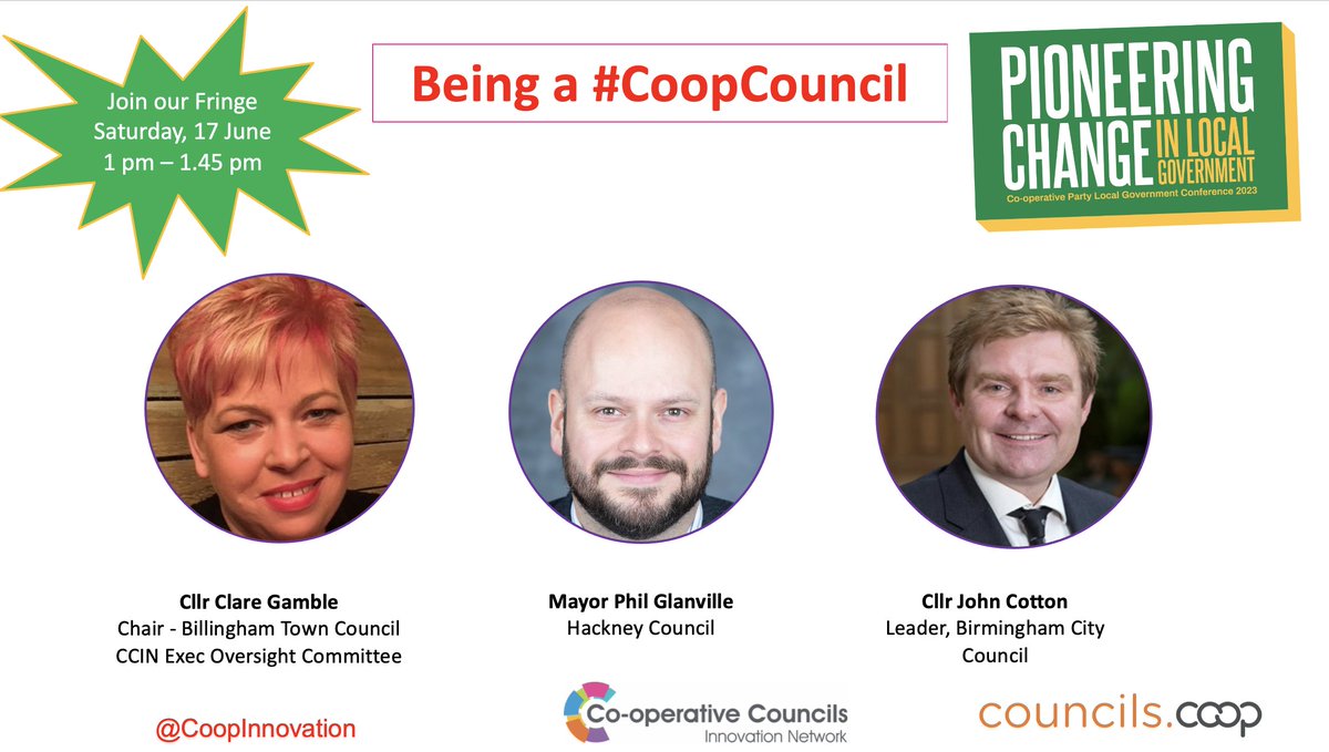 We're delighted to announce the speakers for our session at this weekend's @CoopPartyLocal Conf at @PHMMcr on 17 June   

🤩@Clare4Labour   
🤩@mayorofhackney   
🤩@BrumLeader    

Join us and find out why we're is the fastest-growing Network in #localgov 

#OurCoopDifference