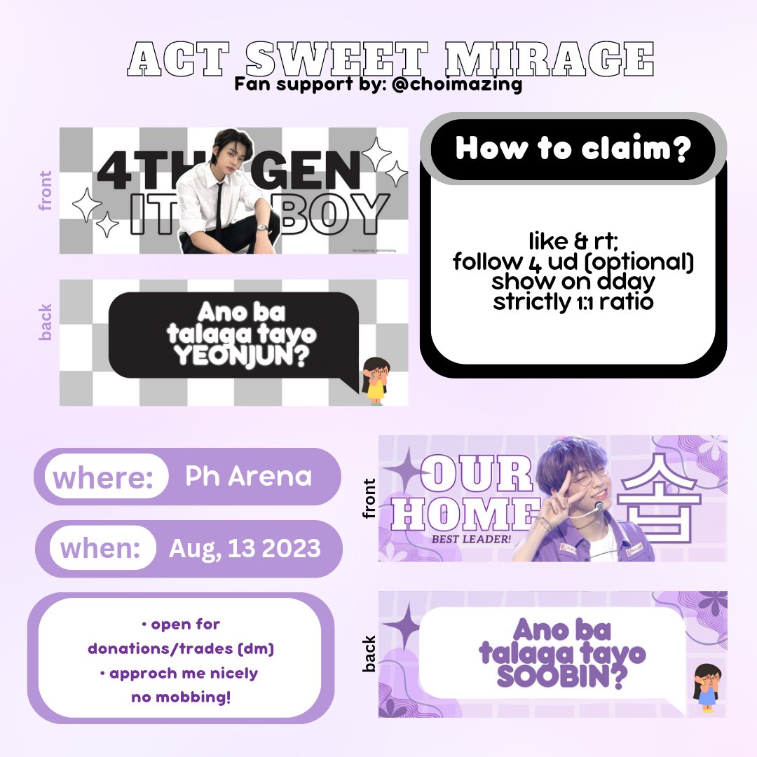 choimazing's tweet photo. txt act : sweet mirage in bulacan freebies ☻

Delulu banner! sabay sabay tayong mahibang hahahaha😆
— check photos for details
— donations &amp; trades (pls dm me!)

see you on august! ᵕ̈

#TXTinBulacan #ACT_SWEET_MIRAGE_BULACAN #TXT_ASM_TOUR_in_BULACAN #ActSweetMirageinBulacan https://t.co/Muc615GRdE