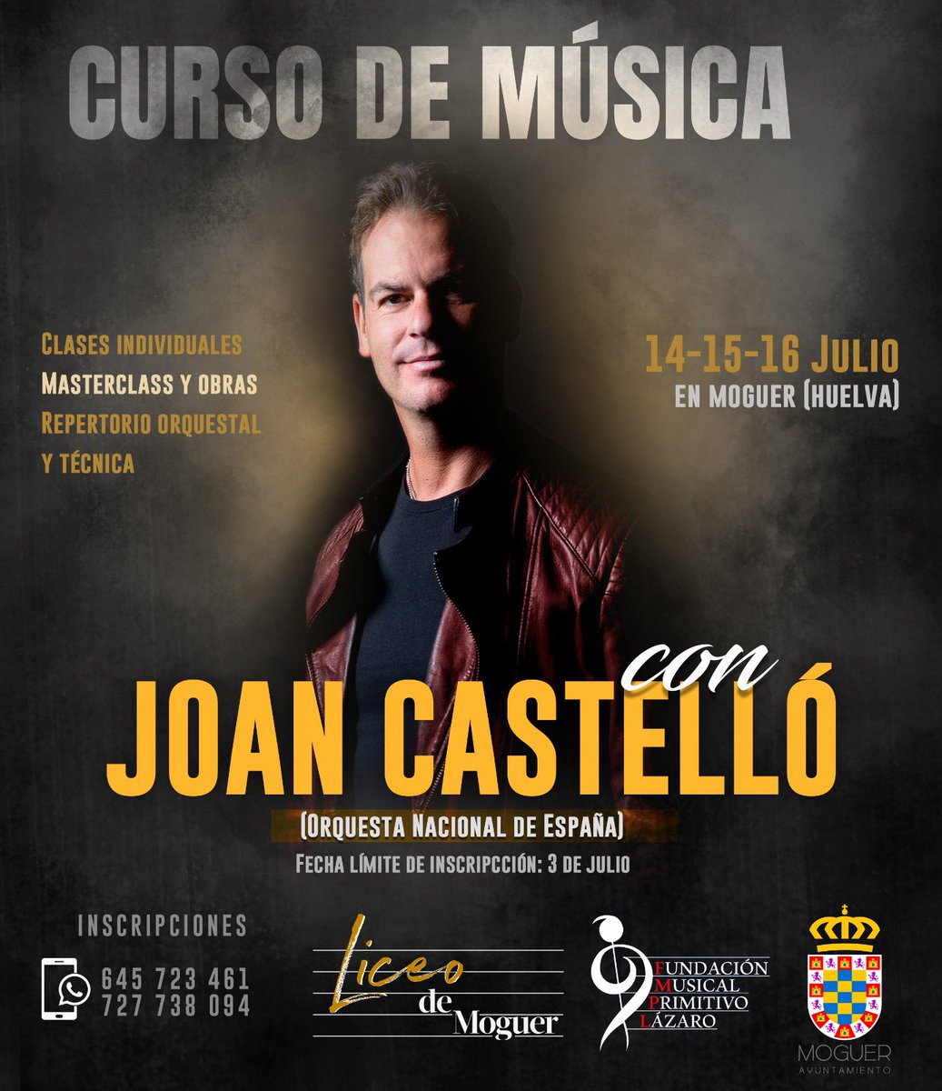 🔴Este verano, un nuevo curso de perfeccionamiento, y tenemos la suerte de hacerlo junto a JOAN CASTELLÓ (Percusión principal en Orquesta Nacional de España).

🗓️14, 15 y 16 de Julio
📍Liceo Municipal de la música de Moguer 
💶 Activo (145€) // Oyente (60€)
