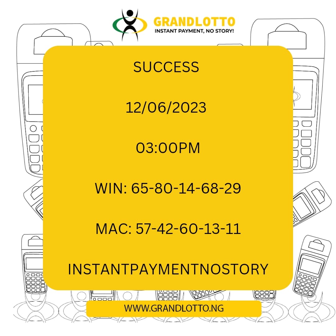 Success results

#Instantpayment #nostory #Grandlotto #lotto #Lottonigeria #indoorgames #playandwin #playanywhere #winningsanywhere #cashout #chooseyellowterminal