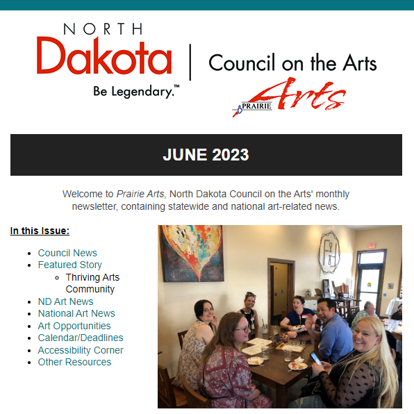 ndarts's tweet image. 🌷 Must SEE - NDCA Prairie Arts June 2023 Newsletter 📰 
- Thriving arts community STORY, NEWS, EVENTS, OPPORTUNITIES - mailchi.mp/bb3336e02608/n…