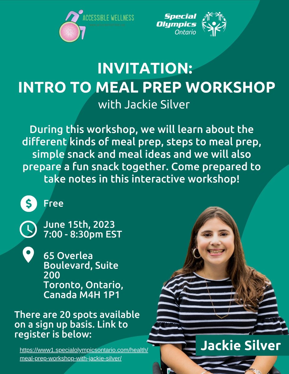 Special Olympics Ontario (@soontario) on Twitter photo Spots still available for the Intro to Meal Prep Workshop! Free event with giveaways!
Location: 65 Overlea Boulevard, suite 200 Toronto, ON M4P 1P1
When: June 15th, 2023 7:00 – 8:30 pm EST
This workshop is open to 20 athletes (GTA only).
Register Now - www1.specialolympicsontario.com/health/meal-pr… Spots still available for the Intro to Meal Prep Workshop! Free event with giveaways!
Location: 65 Overlea Boulevard, suite 200 Toronto, ON M4P 1P1
When: June 15th, 2023 7:00 – 8:30 pm EST
This workshop is open to 20 athletes (GTA only).
Register Now - www1.specialolympicsontario.com/health/meal-pr…