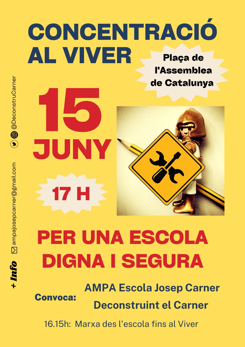 Dijous 15, a les 17h, la Comunitat Educativa de
<a href="/CarnerJosep/">Escola Josep Carner</a> es concentrarà davant del Viver, coincidint amb la reunió del CEM (Consell Escolar Municipal) per fer la lectura d'un comunitat on exigeix a l'<a href="/AjBadalona/">Ajuntament de Badalona</a> que doni resposta de forma immediata al manteniment de l'escola.