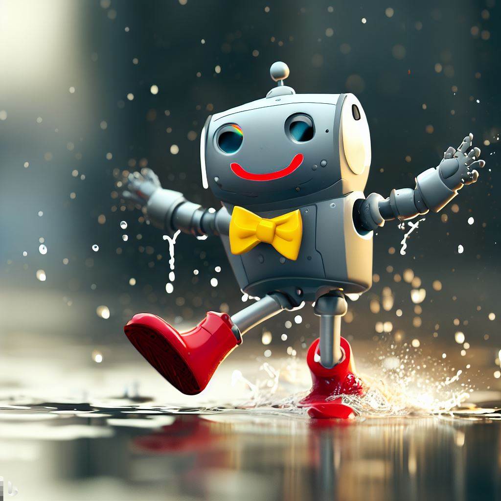 @icreatelife smiling little toddler robot with a red bowtie and yellow shoes splashing around in a puddle in the rain