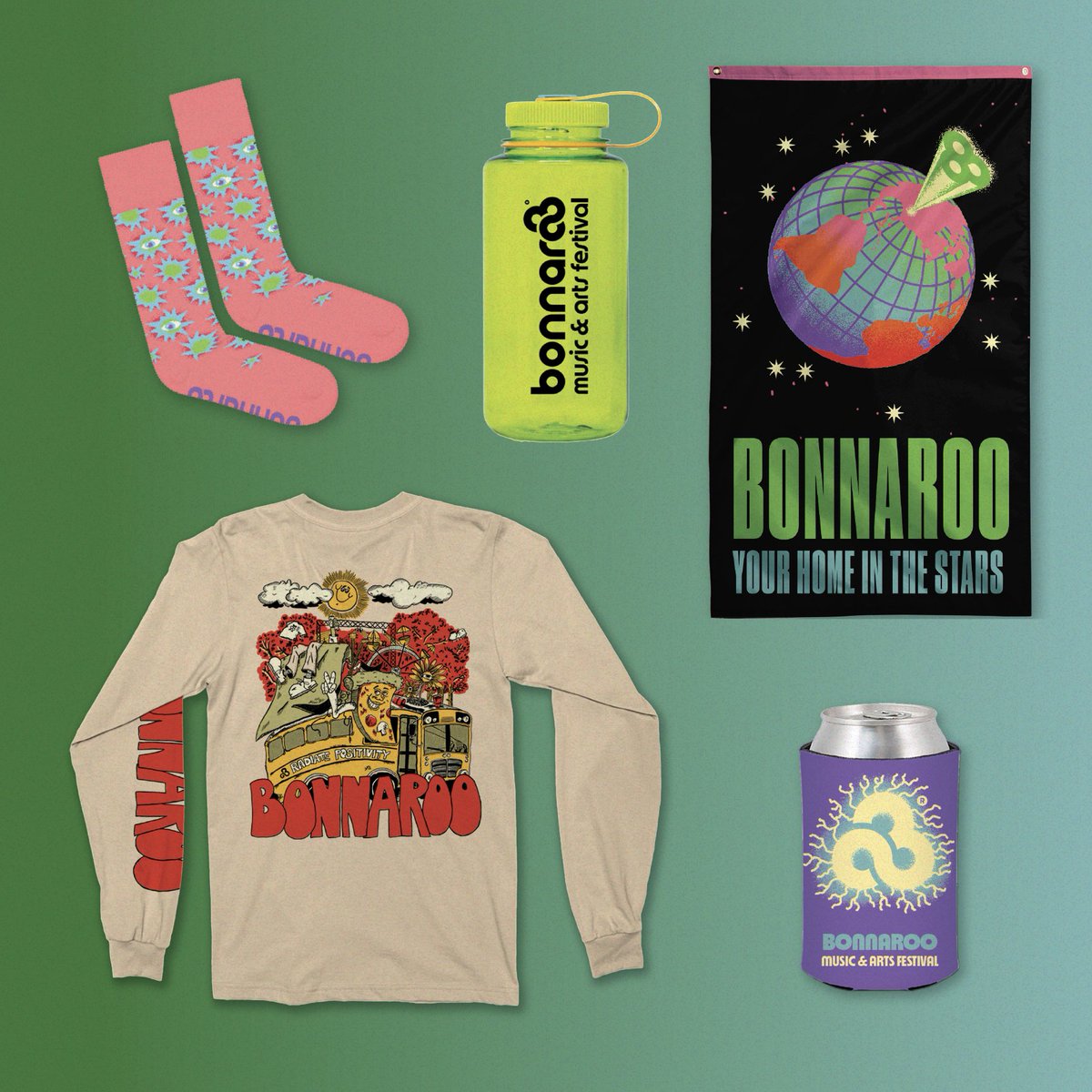 Bonnaroo's tweet photo. sneak peek at the merch we'll have on The Farm this weekend 😍✌️ there will be more items than this, so you better not pack your bags too tight!! https://t.co/St8w3Xz0GY