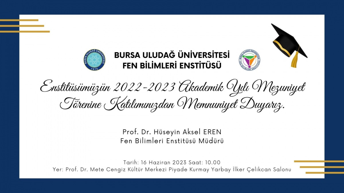 Enstitümüz, 2022-2023 Eğitim-Öğretim Yılı Mezuniyet Törenimize bekliyoruz.

🗓16.06.2023
⏰10:00' da
📍Prof.Dr.Mete CENGİZ Kültür Merkezi 

 #uludağüniversitesi #uludağüniversitesi