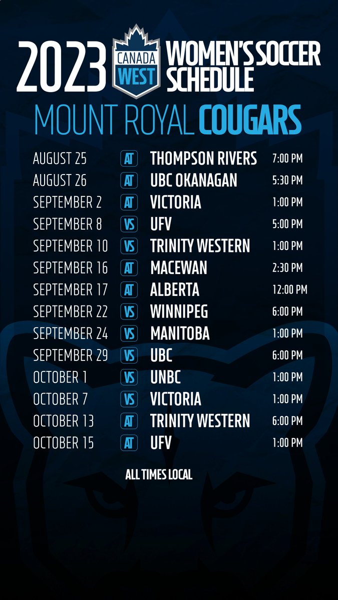 Mount Royal Cougars (@mrucougars) on Twitter photo Mark your calendars because <a href="/CanadaWest/">Canada West</a> has officially released the 2023-24 soccer schedules!⚽️ See below for details.
📰 RELEASE: bitly.ws/IcpK Mark your calendars because <a href="/CanadaWest/">Canada West</a> has officially released the 2023-24 soccer schedules!⚽️ See below for details.
📰 RELEASE: bitly.ws/IcpK