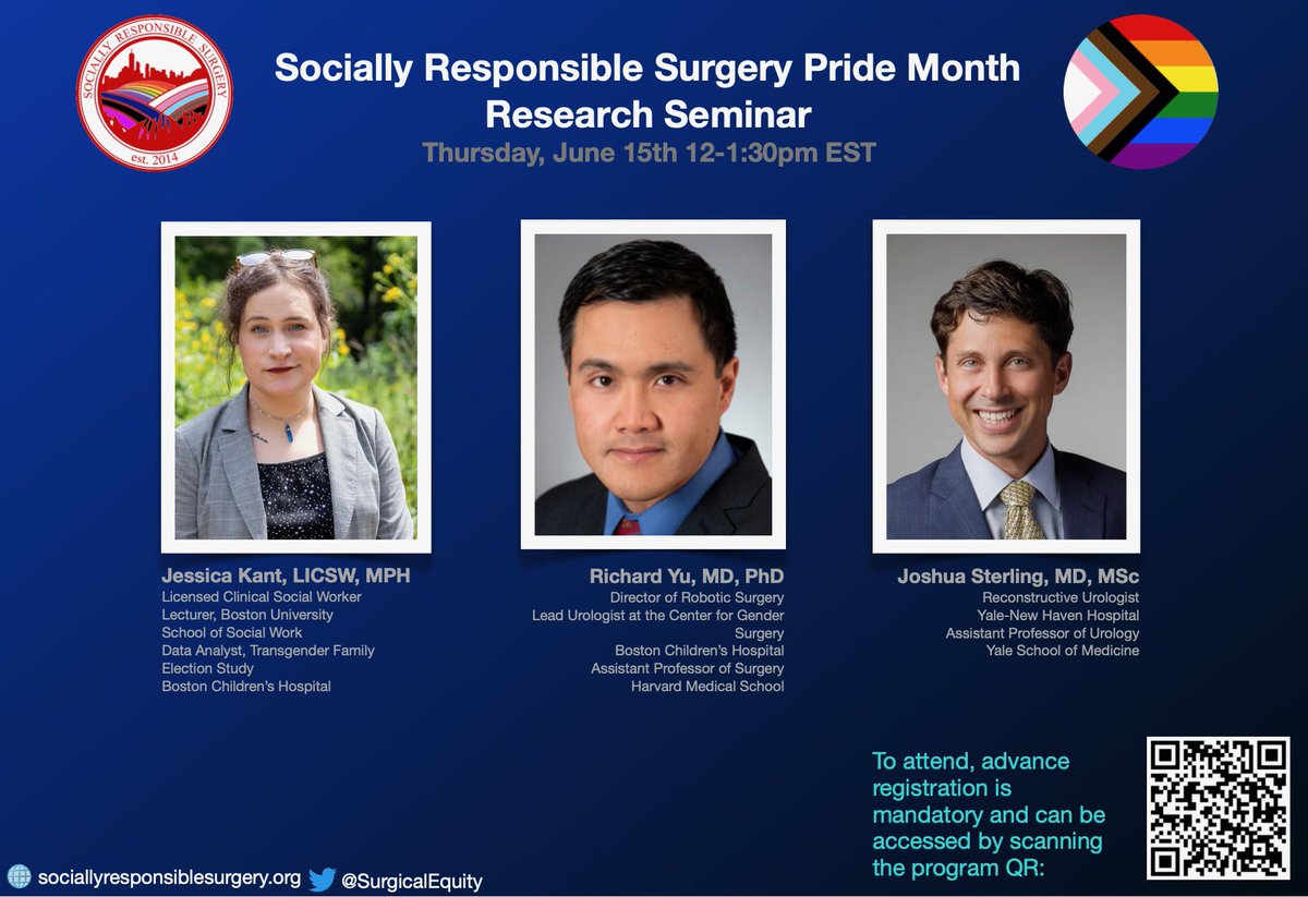 Reminder! The @surgicalequity Pride Month Research Seminar is this Thursday 6/15 moderated by our resident research chair @BUSPH PhD student Annie @TraumaAddict! We are so excited to welcome Dr. Richard You, @jsterling15 and @jesskant for this important conversation.