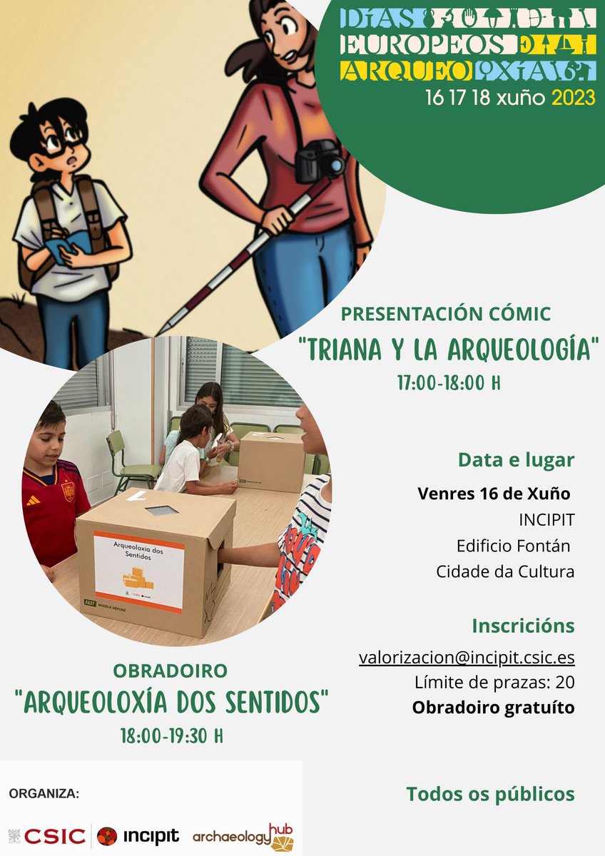 IncipitCSIC's tweet photo. 🗓️Preparen sus agendas!! En el marco de las Jornadas Europeas de Arqueología #JEA2023, @IncipitCSIC  va a realizar varias actividades. 
El día 16 de junio estaremos en Villamejil (León) con una conferencia y en Compostela con un taller y la presentación de un cómic.
Sigue⬇️ https://t.co/ect63giYTa