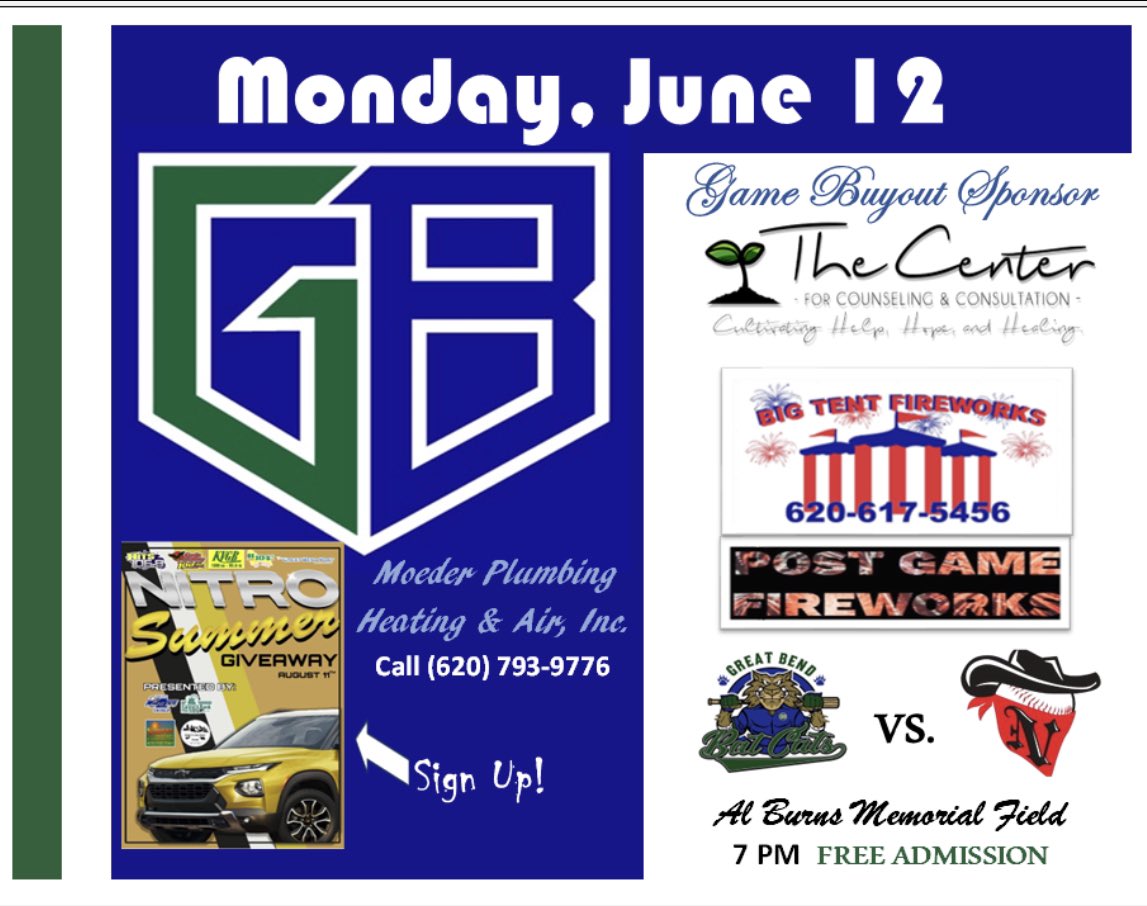 GB_BatCats's tweet photo. 🙀⚾️🇺🇸Tonight…..HOME GAME and Post Game Fireworks 🧨 Big Tent Fireworks 🇺🇸⚾️🙀
#GoBatCats #ClawsUp #Meeooowwww 

📆 Monday, June 12
📍 Great Bend, KS
🆚 @SlugginRebels 
⏰ 7pm
🏟️ Al Burns Memorial Field 
🆓 Admission
🎟️ 50/50 Raffle
📽️ https://t.co/SdIvrawWJ0 https://t.co/i22f394FZS