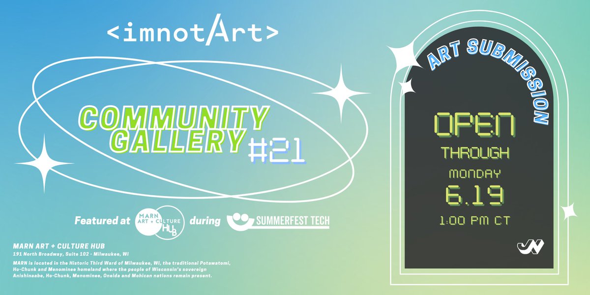 im_not_art's tweet image. Community Gallery 21 🎊
📢ART SUBMISSION📢

Featured on display at MARN, Milwaukee&apos;s Artist Resource Network during @summerfestTech

🗓️Deadline: 6/19  1:00pm CT

🧑‍🎨 To Enter reply w/ your art below:
- 1 Work Per Artist
- All Platforms Accepted
- Like &amp;amp; RT
- Follow @im_not_Art &amp;amp;…