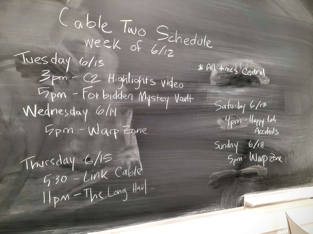 CableTwoTV's tweet photo. schedule for this week

Tuesday
3pm - C2 Highlights
5pm - Forbidden Mystery Vault
Wednesday
5pm - Warp Zone
Thursday
5:30pm - Link Cable
11pm - The Long Haul
Saturday
4pm - Happy Lab Accidents
Sunday
5pm - Warp Zone

it's cable two
https://t.co/F22fZSlyBK https://t.co/Hd1MSWFgsI