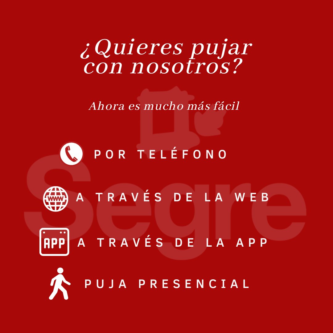 SUBASTASSEGRE's tweet photo. Si quieres #pujar en nuestras subastas, ahora lo tienes más fácil que nunca. Puedes hacerlo por vía telefónica en el 915 159 584, a través de nuestra #web https://t.co/0XH5TSCzr6 o nuestra #APP, o de manera presencial en la calle Segre, 18, 28002 Madrid.
#subasta #subastassegre https://t.co/m8pjaa8w98