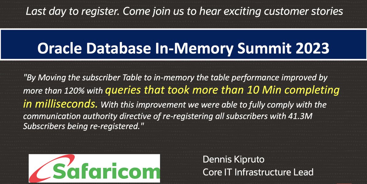 ranjanpriya's tweet image. LAST DAY TO REGISTER: Please join us at Oracle Database In-Memory Summit 2023 to hear fascinating customer stories like Safaricom 

REGISTER HERE: lnkd.in/dT_RSaZa
It&apos;s free, it&apos;s online and open to all. Please share with your team, organization &amp;amp; customers.