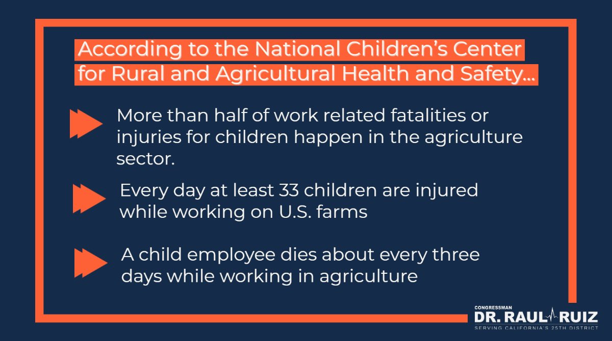 Unlike other industries, our nation’s 400,000 child farmworkers lack strong labor protections. I’m proud to be an original cosponsor of @RepRaulRuizMD’s #CAREAct to protect children’s health, safety, and overall well-being.