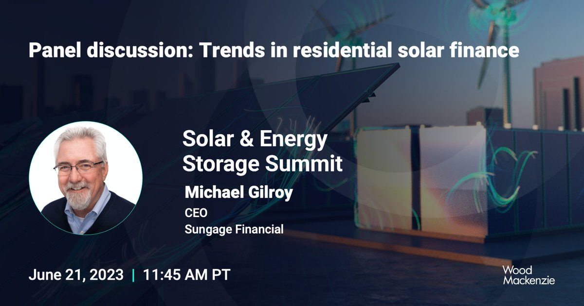 Sungage's tweet photo. Join us for an in-depth Wood Mackenzie panel discussion about the trends in residential solar finance with our CEO Michael Gilroy on June 21. Use discount code WMSESS20 to receive 20% off the ticket price!
Purchase tickets here: https://t.co/iy2lsGIy7C
#WMSESS https://t.co/UaNCXjShRP