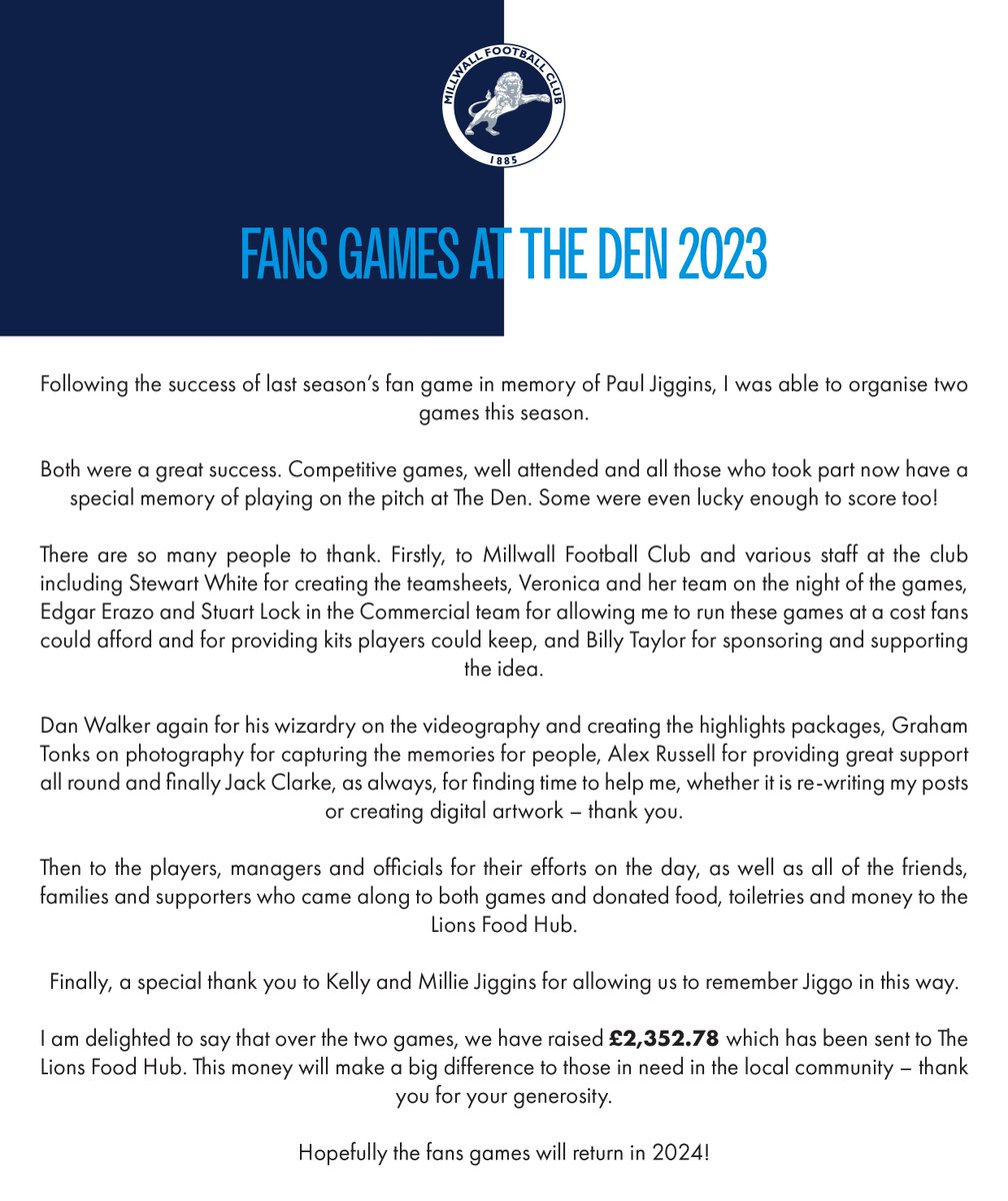 philclarke0170's tweet image. 🚨 Fan Games at #Millwall 2023 Update 🚨

We hope to be back in 2024!