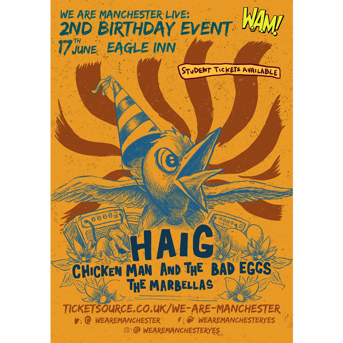 WE’RE IN SALFORD THIS SATURDAY!!!
WHO FANCIES IT???

TICKETS: ticketsource.co.uk/we-are-manches…

@wearemanchester 2ND BDAY BASH SUPORRTING @HAiGband with @marbellasband!! G’WANNNN🐔