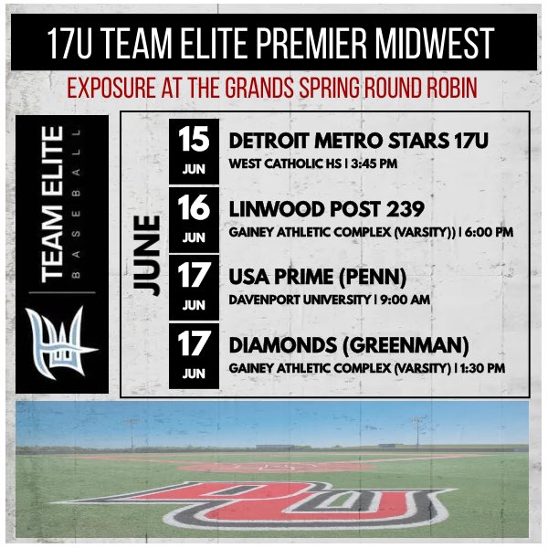 Here is <a href="/17U_TEAM_ELITE/">17U Team Elite Premier</a> schedule for the upcoming tournament <a href="/ExposedatGrands/">Exposure at the Grands</a> Looking forward to playing some great competition this weekend. I will release the pitching rotation tomorrow evening. Coaches if you have any questions, please don't hesitate to shoot me a DM.