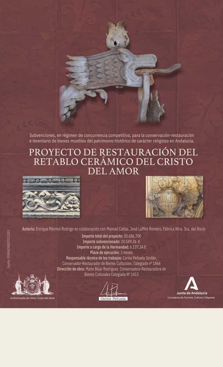Carlospenjor's tweet photo. Hace unas semanas han dado comienzo los trabajos de restauración sobre el retablo cerámico del Cristo del Amor instalado en la calle Villegas, tareas que llevamos a cabo con la dirección de obra a cargo de la compañera Maite Béjar @Hdad_Amor #conservation #restauration #heritaje https://t.co/hW6gg32STW