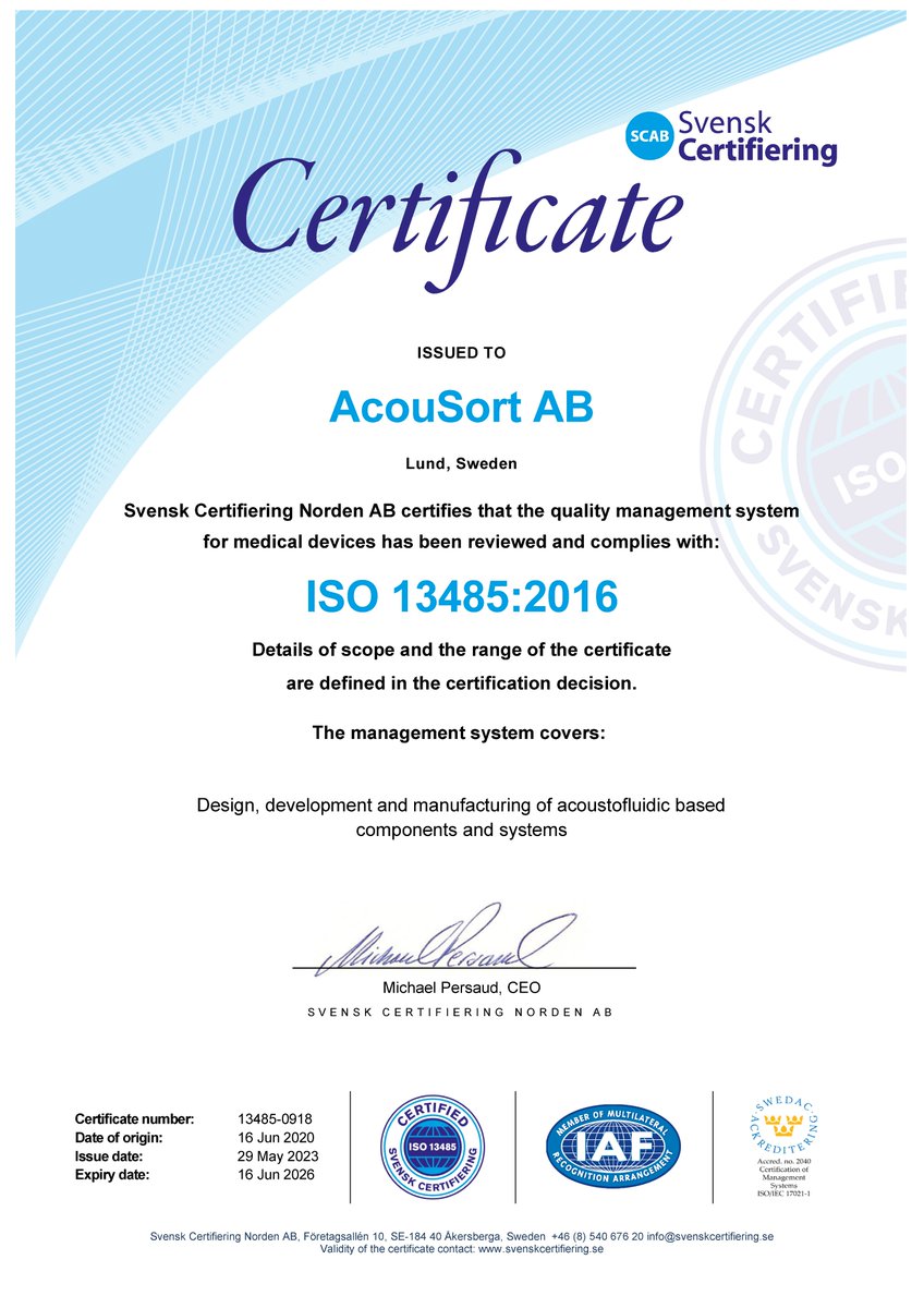 AcouSort's tweet image. We are pleased to share that we have successfully renewed our ISO 13485 certification. This allows us to continue pursuing our ambitions of providing state-of-the-art OEM components for automated #sampleprocessing to the #medicaldevice industry.
#diagnostics #celltherapy