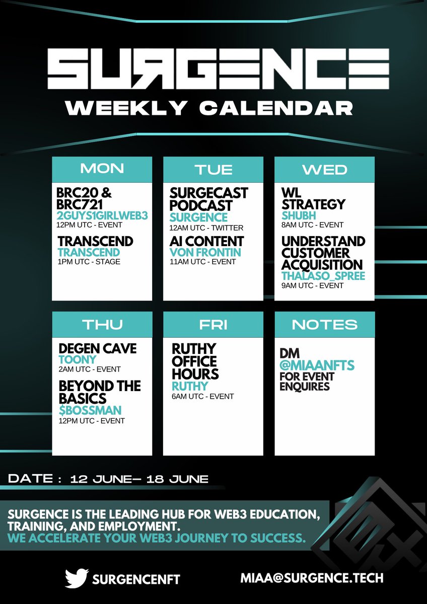 Weekly calendar for @SurgenceNFT 

Excited to participate in all the events happening this week 🔥

Currently Listening to BRC20 & BRC721 on Discord, very interesting discussion 

#SUGMI