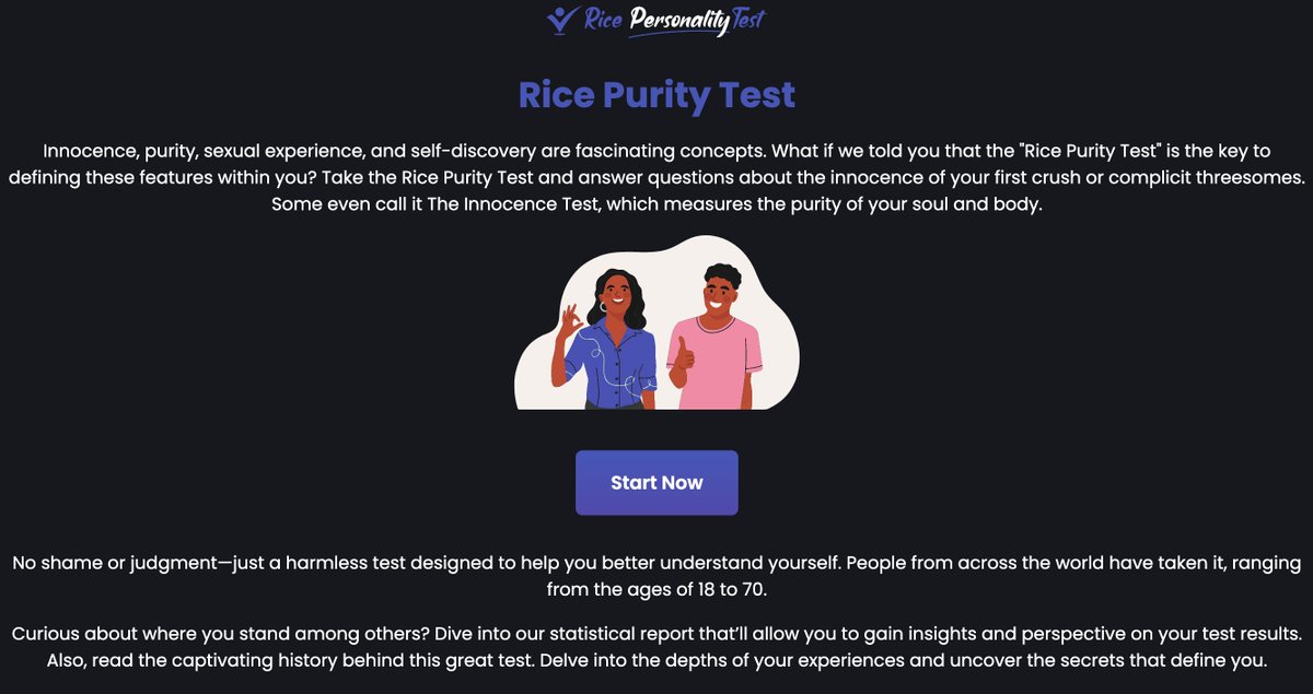 ricepuritytest0's tweet photo. The website https://t.co/D1bE7gvHpP offers the Rice Purity Test, a popular online quiz. Users answer multiple-choice questions about their experiences, behaviors, and lifestyle. The test measures innocence or purity. It's a fun activity for college students and young adults. https://t.co/EFiN6nA8Kj