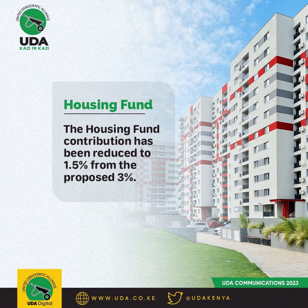 Cleophasmalala's tweet photo. Good news! The Housing Fund contribution has been reduced to 1.5% from the proposed 3%.
Thank you all for your feedback.
#RutoListens https://t.co/dHomBphwxe