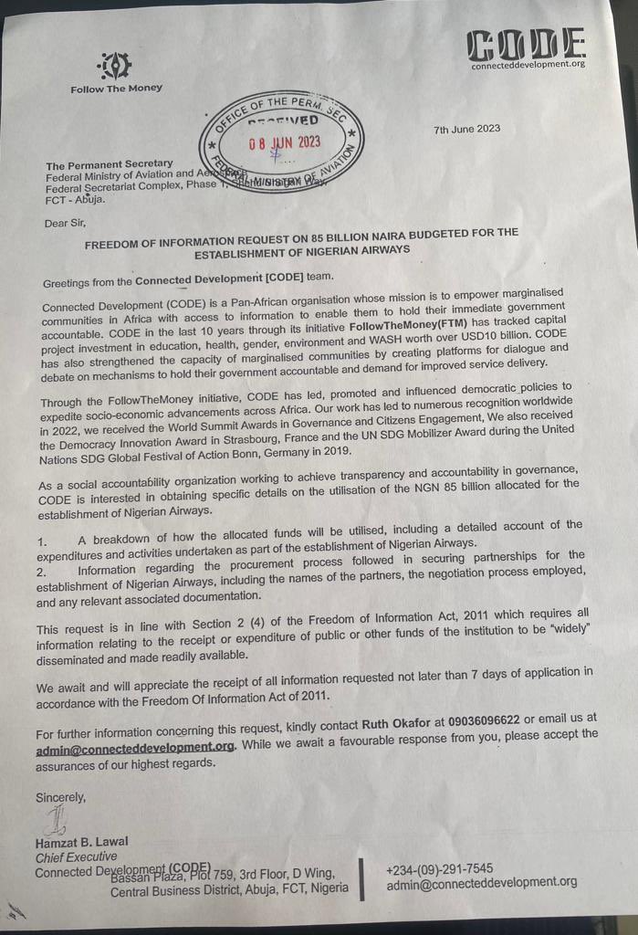 Connected_dev's tweet photo. Public Announcement!🗣️

Connected Development has filed a request for information from @fmaviationng under the Freedom of Information Act requesting details of N86 Billion budgeted for the establishment of Nigerian airways, its procurement process amongst others (1/2) https://t.co/Li23u7UlNc