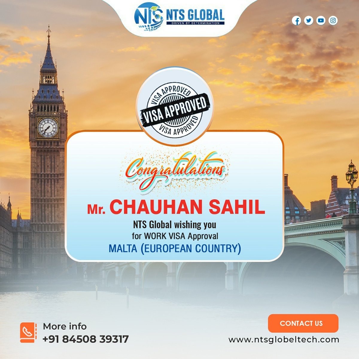 NTS_Global's tweet photo. Congratulations Mr.Chauhan Sahil

#NTSGlobal wishing you for work Visa approval #MALTA (European Country)

#ntsglobaltech #ntsglobal #training #industryexperience #careerpath #digitallife #digitalcareer #AbroadEducation #UK #USA #Canada #Italy #Australia #NewZealand https://t.co/M05HAAFnzr