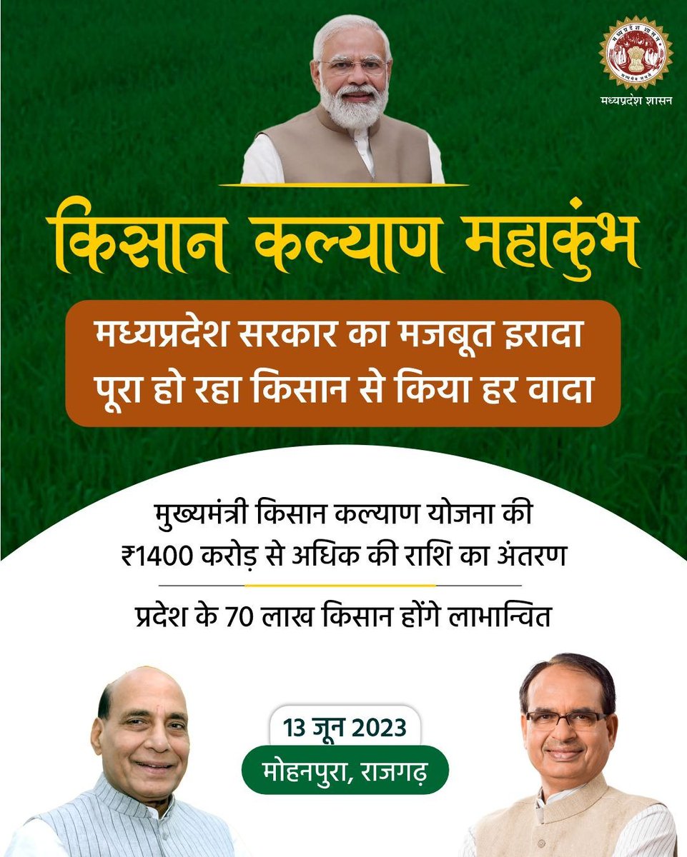 किसान कल्याण महाकुंभ  
(𝟭𝟯 जून)  
---
मध्यप्रदेश के 70 लाख किसानों के खाते में मुख्यमंत्री किसान कल्याण योजना की ₹1400 करोड़ से अधिक की राशि का अंतरण 

#JansamparkMP
