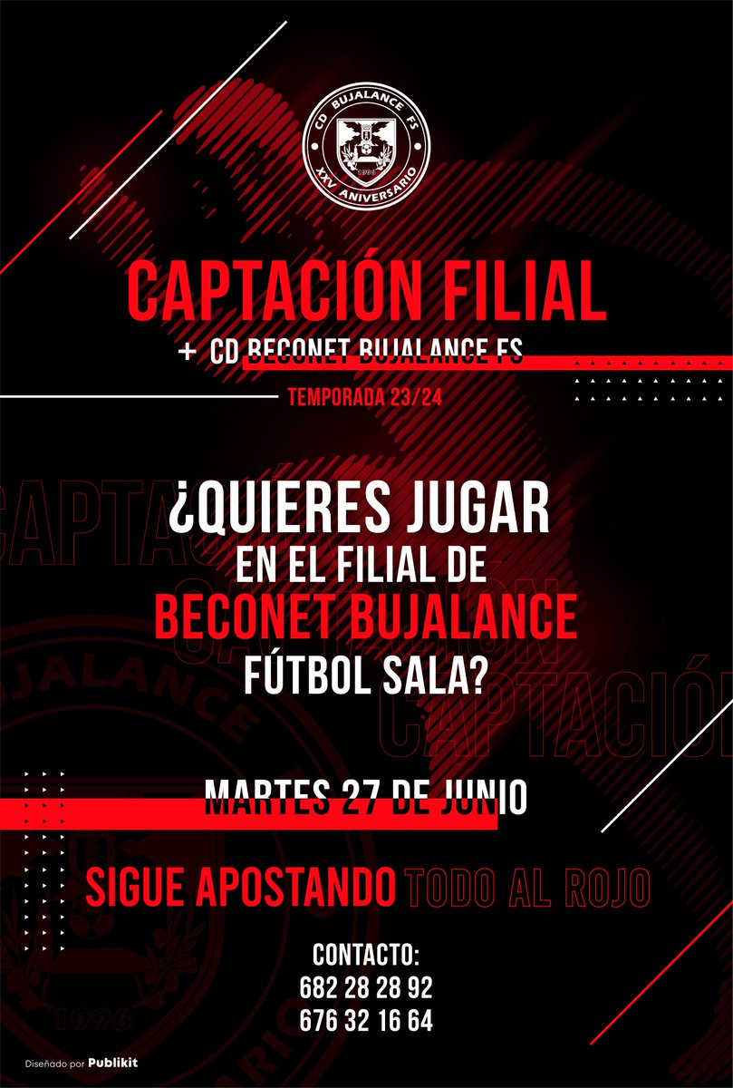 🅱️ FILIAL | ¿Quieres defender la camiseta del club? Te animamos a las pruebas de captación de jugadores del equipo filial el próximo 27 de junio.

Contacta a los números que aparecen en el cartel para recibir más información.

#VamosBujalance #TodoAlRojo