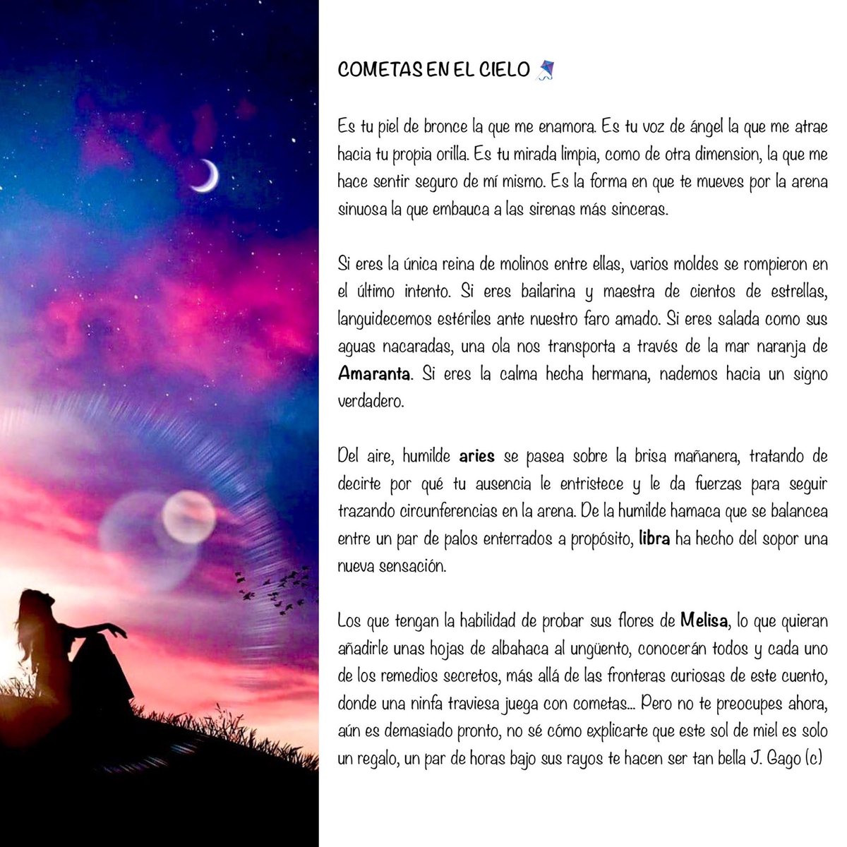 ionztomo16's tweet photo. COMETAS EN EL CIELO 🪁 Juan Gago (c)
#tupiel #tuvoz #tumirada #lossignos #poesiaelectrica #llevameatuparaiso https://t.co/zubh4TncRF