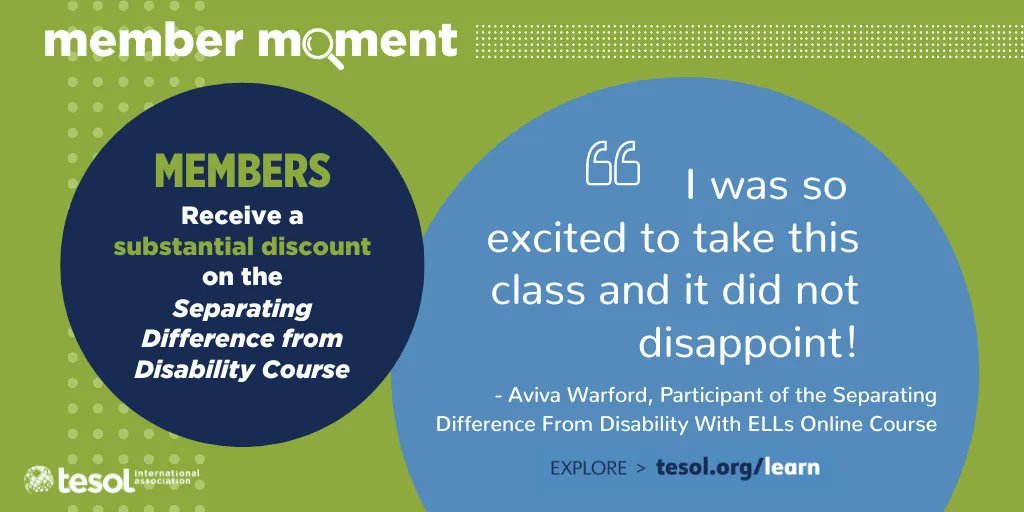 TESOL_Assn's tweet image. Gain knowledge and strategies effective in separating difference from disability among #ELLs of diverse racial, cultural, and linguistic backgrounds: Separating Difference From Disability online course! TESOL members get discounted registration by 23 June! buff.ly/3MTIElN