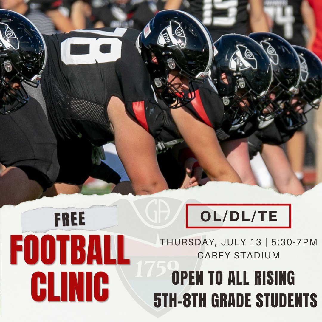 Germantown Academy will be hosting a FREE football clinic specifically for OL, DL, and TE! The session will be on July 13 from 5:30-7pm for rising GA and non-GA 5th-8th grade students. 

Register: loom.ly/MusfA6k