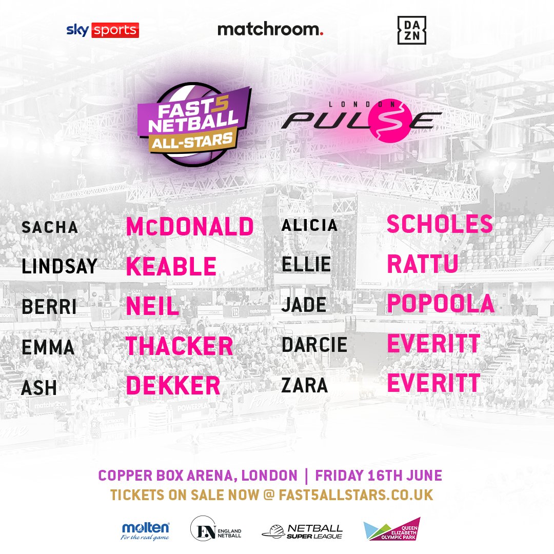 Pulse_Netball's tweet photo. We are excited to announce our squad for @Fast5allstars next Friday.

Can't wait to see you all @CopperBoxArena https://t.co/QB6nI1tJEb