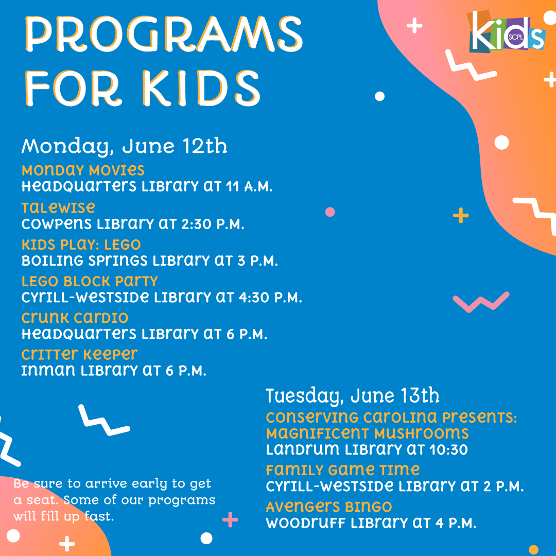 sptbglibraries's tweet photo. Are you ready for another fun week at the library? We are! Be sure to arrive early to get a seat, as some of our programs and performances will fill up fast. See you soon!
#scpl #scplkids #kidsprograms #summerreading #summerprograms #educate #learn #publiclibraries https://t.co/5pGjwSJeAC