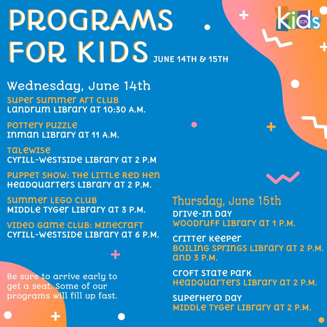 sptbglibraries's tweet photo. Are you ready for another fun week at the library? We are! Be sure to arrive early to get a seat, as some of our programs and performances will fill up fast. See you soon!
#scpl #scplkids #kidsprograms #summerreading #summerprograms #educate #learn #publiclibraries https://t.co/5pGjwSJeAC