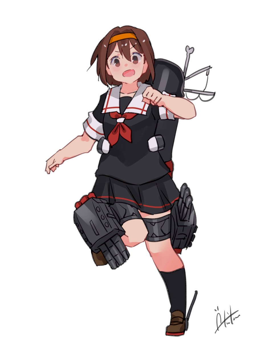 shiratsuyu (kancolle) 1girl solo brown hair black serafuku school uniform serafuku orange hairband  illustration images