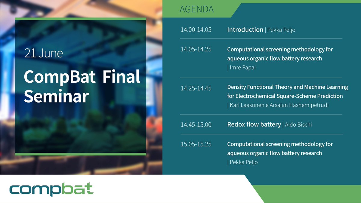 CompBat Final Seminar, Jun 21, 2023 02:00 PM CET
compbat.eu/2023/06/12/com…

#Compbat #seminar #flowbattery #eu #euproject