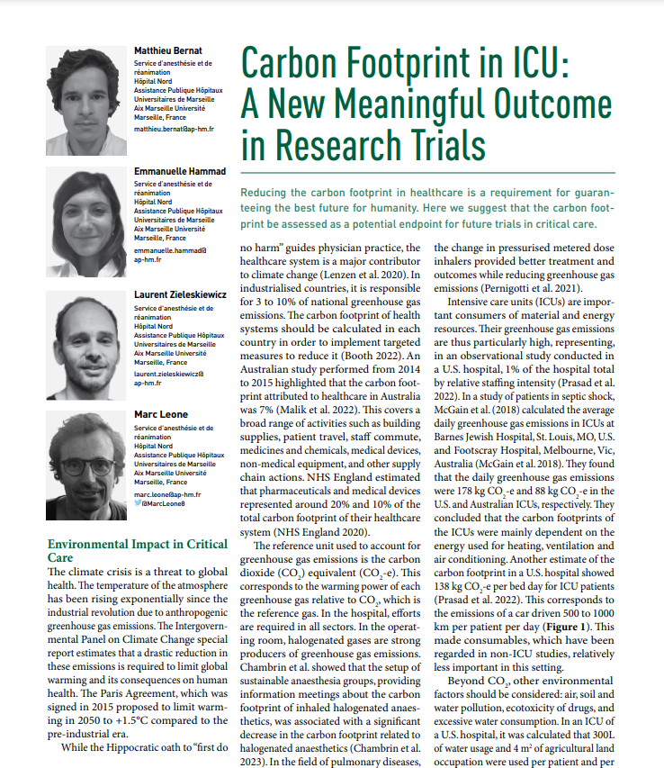Reducing the carbon footprint in #healthcare is required to guarantee the best future for humanity. Here we suggest that the #CarbonFootprint be assessed as a potential endpoint for future trials in #CriticalCare.

Read more iii.hm/icu32023bernat

#Carbon #Sustainability #ICU