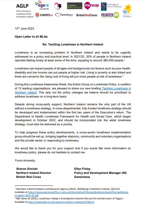 Mencap_NI's tweet photo. Loneliness is an increasing problem in Northern Ireland.
 This Loneliness Awareness Week, the Action Group on Loneliness Policy have sent an open letter to all MLAs calling for urgent action to tackle loneliness.
 
You can read the letter here 👇
 
#LonelinessAwarenessWeek https://t.co/5nv4hlyKhT