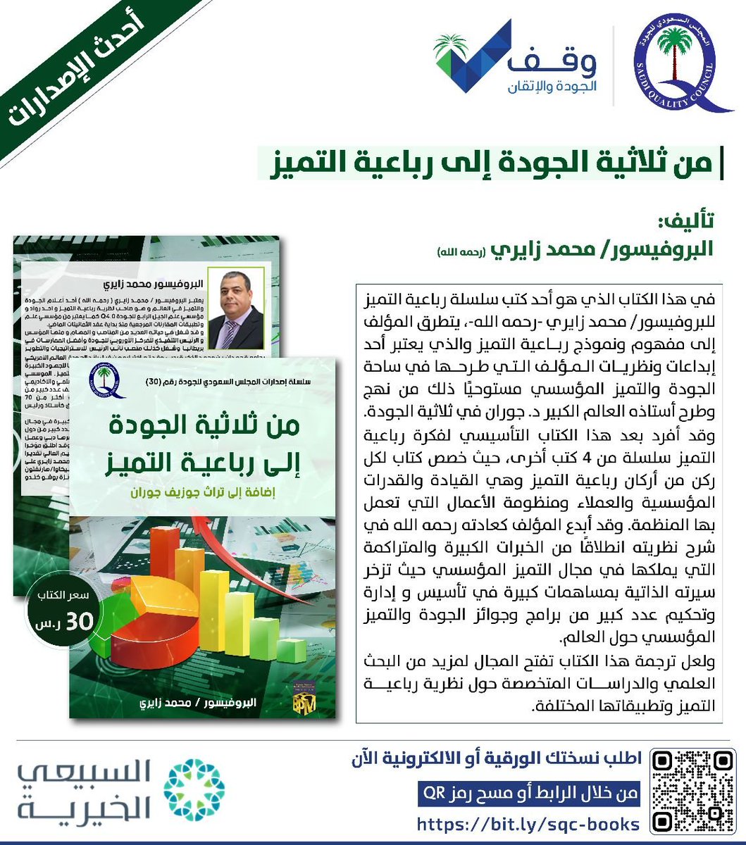 تدشين ترجمة المجلس السعودي للجودة كتاب ( من ثلاثية الجودة الى رباعية التميز ) لعالم الجودة و فقيدها الراحل البروفيسور محمد زايري رحمه الله و اسكنه فسيح جناته. كتاب طرح فيه الراحل الكبير فكرا جديدا يحاكي طرح عالم الجودة الكبير جوران في ثلاثيته للجودة. 
salla.sa/sqc/category/x…