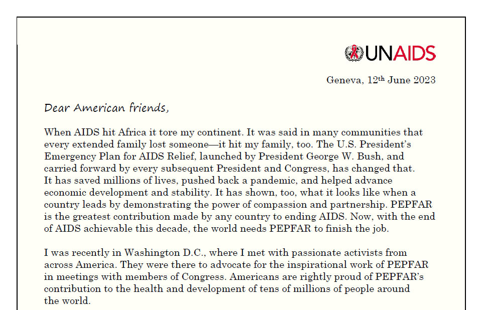 A Thank You letter to the American people from the Executive Director of UNAIDS: @PEPFAR is the greatest contribution made by any country to ending #AIDS Read the letter: bit.ly/43AUybr