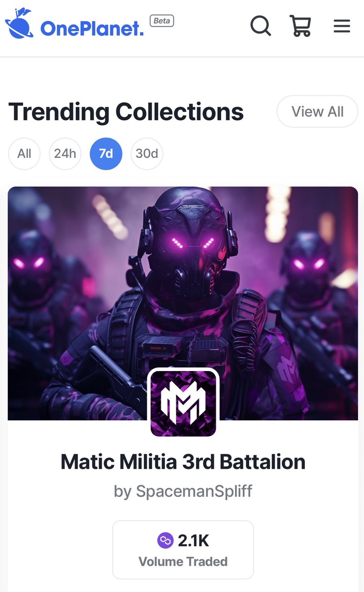 The 3rd Battalion is live and trending on @OnePlanet_NFT! 

Only 100 1:1 operators are available! Owning a Militia operator grants the holder access to the private Discord. discord.gg/s4AvYPrtU5

oneplanetnft.io/collections/ma…

@TheMaticMilitia #NftArt #MATIC #nft #NFTCommunity #nfts
