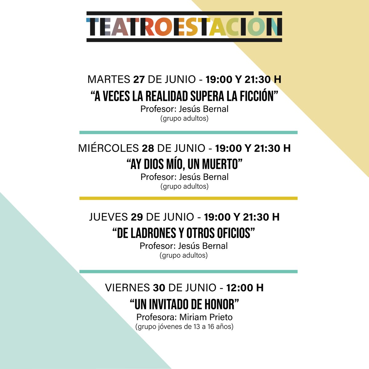 La Escuela de Teatro de la Estación ha llegado a su última parada: Ciclo ¡A Escena! de junio 🎭

Nuestro alumnado toma el escenario para mostrarnos el trabajo realizado a lo largo de estos meses... 

¡28 funciones repletas de ganas y mucha emoción!

teatrodelaestacion.com