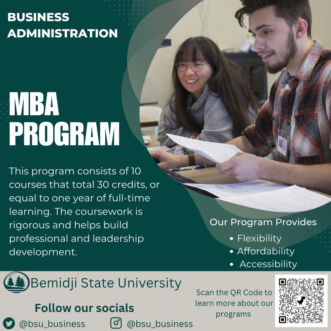 Have you heard about our awesome MBA program? Scan the QR Code to learn more! 

#bemidjistateuniversity #mbaprogram #business #minnesota #bestdecisionever😎