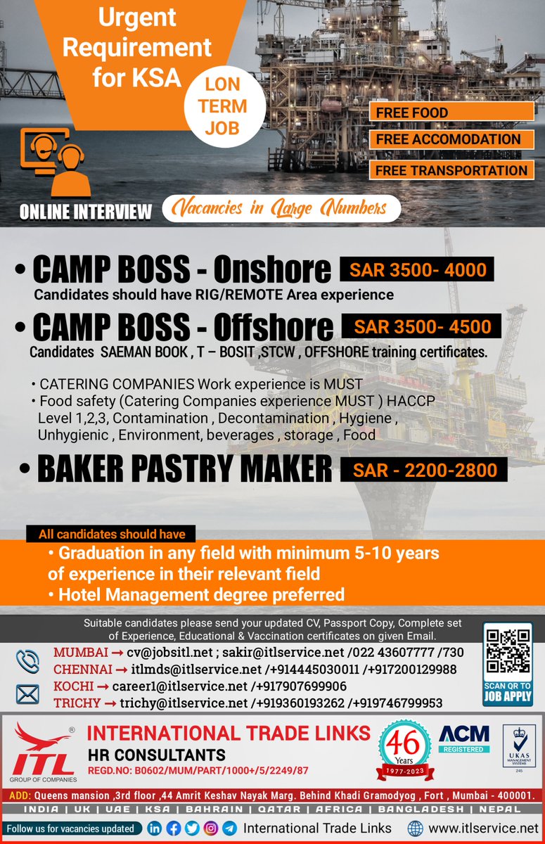 ItlJobs's tweet photo. JOB VACANCY FOR #saudiarabia
Interested candidates, please send your updated CV on given emails
Learn more : https://t.co/L5a1jS36cU
ITL H.O Location : https://t.co/EUEGpvplAT
#rig #offshore #offshorecook #foodindustry #nightcook #campboss #bakery #pastryman #pastry https://t.co/r8JY7slEzj